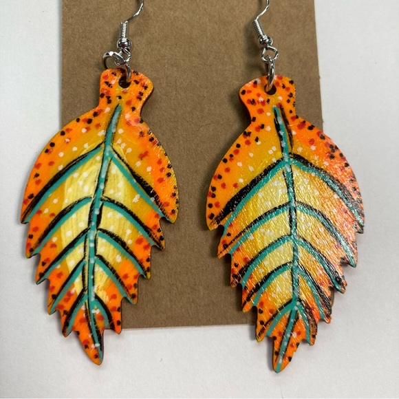 Hand Made Fall Orange Wooden Leaf Earrings Painted Wooden Autumn One of a Kind - Picture 5 of 10